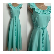 Vintage 70s Mint Green Ruffle Collar Boho Bridesmaid Prom Occasion Maxi Dress 6