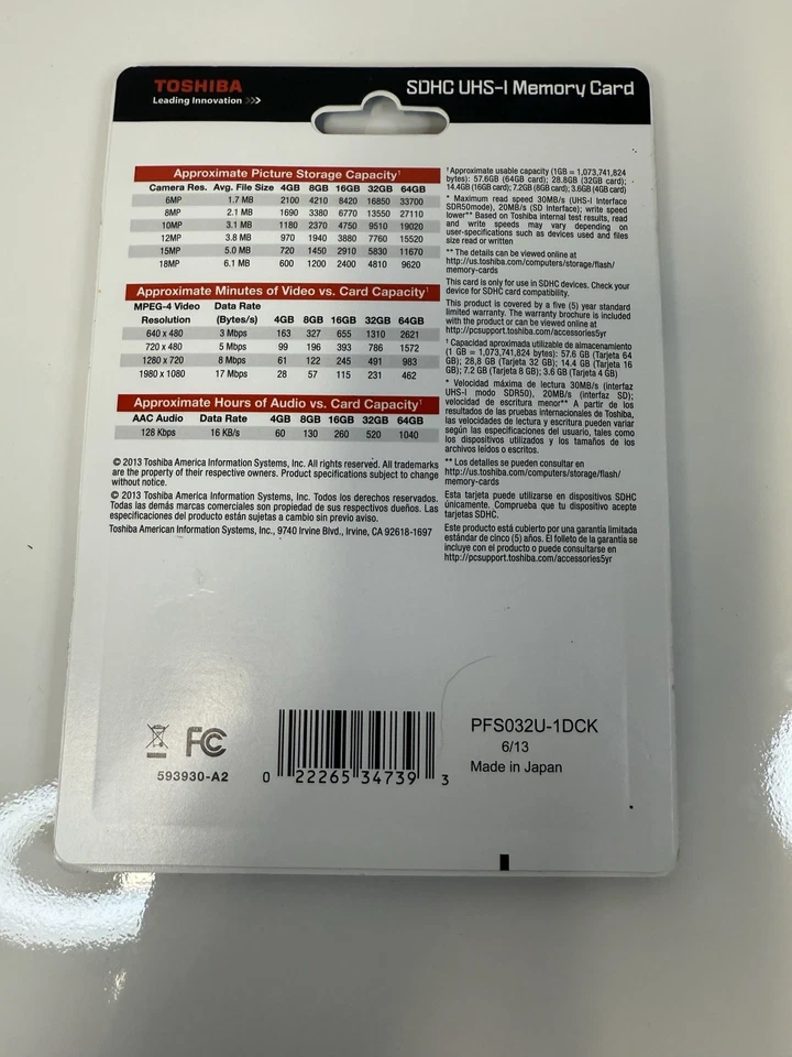 TOSHIBA SDHC Card SD 32GB Class10 30mb/sec Compatible Made in Japan  New - Image 2 of 2