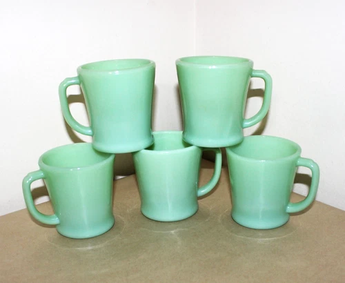 5-Fire King Jadeite D Handle Mugs 1948-50, 2-OVEN GLASS Flat Bot. & 3-OVEN WARE