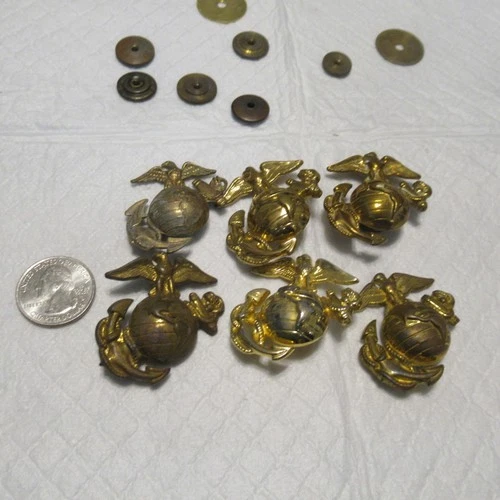 VINTAGE WW1/WW2 ERA US MILITARY 6 MARINE CORP EMBLEMS SCREW BACKS