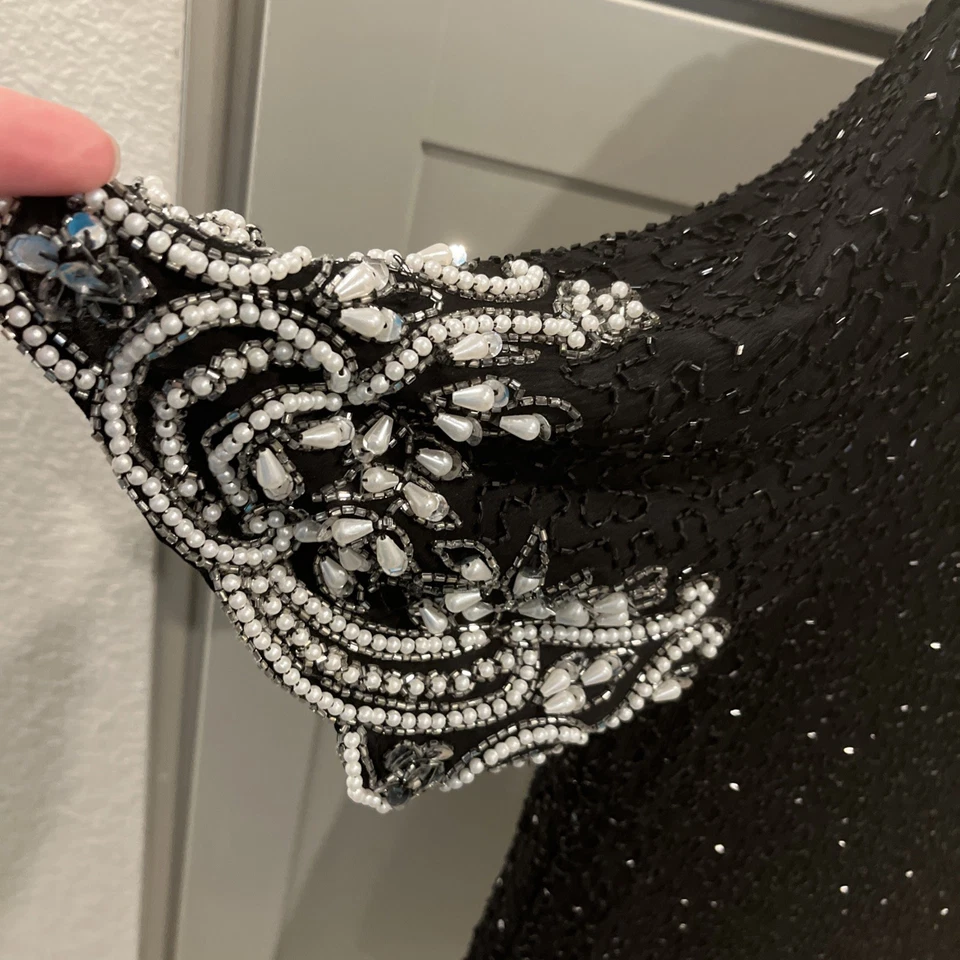 Blusa vintage Lawrence Kazar New York negra con cuentas de seda para mujer XL Foto 4 de 4