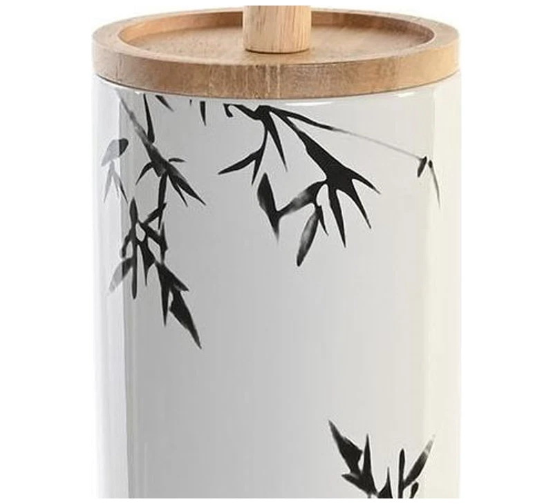 Scopino WC Gres Porcellana Bianco Decoro Bambù Nero Coperchio Legno 38 cm