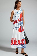 Anthropologie Farm Rio NWT Toucan Tropical Graphic Maxi Dress White Red Blue L P