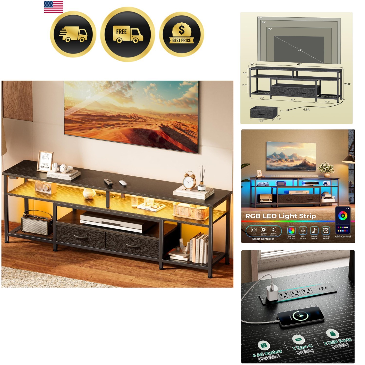 For 65 70 Inch Tv Entertainment Center With Shelves And Outl