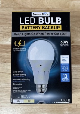 Sensor Brite LED Bulb Battery Backup Rechargeable 60w Dimmable E26 Base, NEW