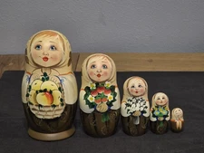 5 Piece Handpainted Wooden Matryoshka Nesting Dolls 6" Signed AB Beautiful 