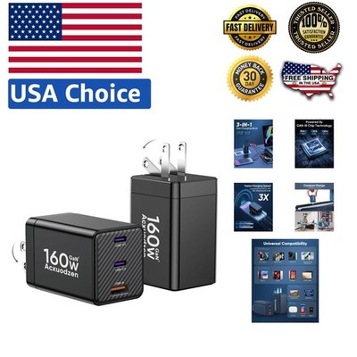 2 Pack USB C Charger Block 160W - GaN 3-Port Fast Charger for All Devices
