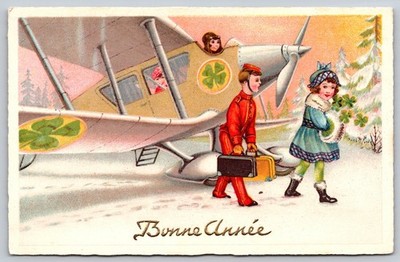 French New Year Postcard Bonne Année Airplane Children Four Leaf Clover A166