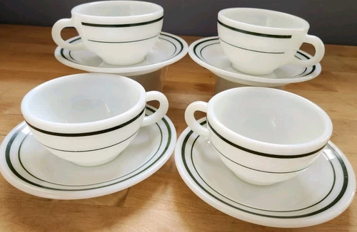 Mixed Lot - Pyrex & Corning Milk Glass Green Double Stripe Coffee Cups & Saucers
