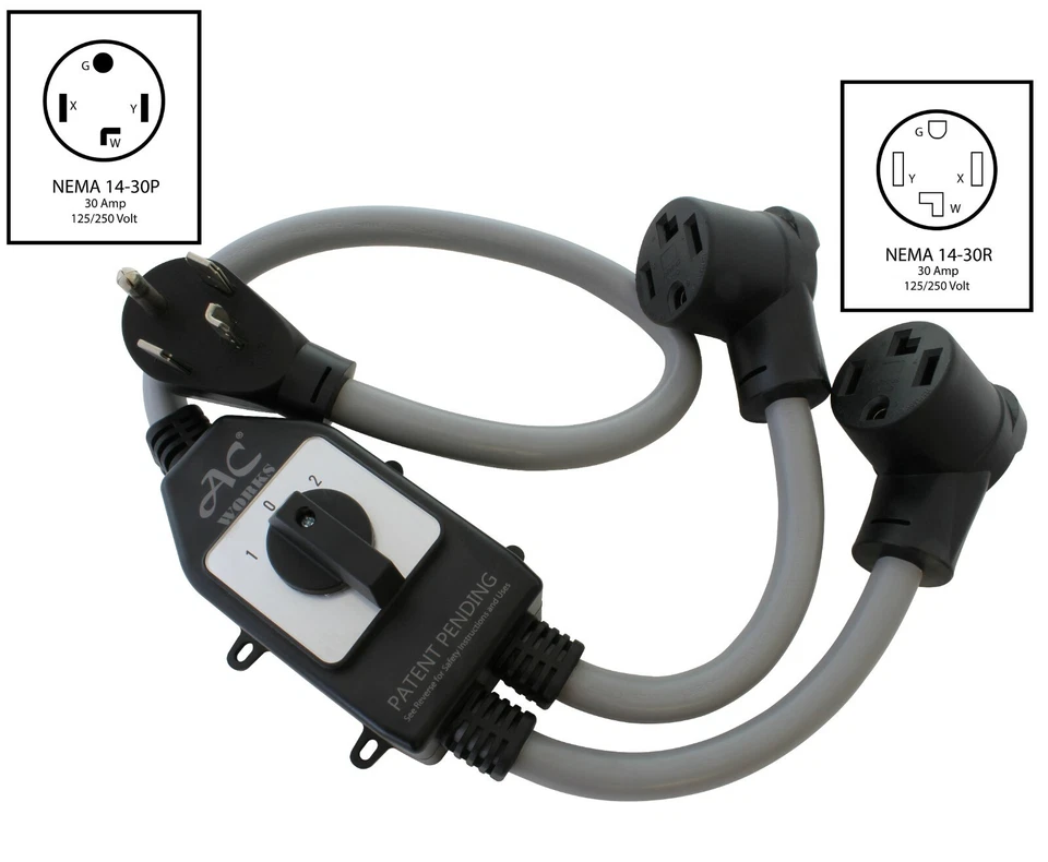 3ft 30A NEMA 14-30P to Two NEMA 14-30R Y-Cable Adapter With Switch by AC WORKS® - Image 2 of 4