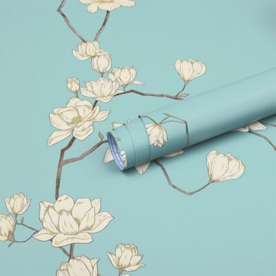 17.3'' X 118'' Floral Wallpaper Light Blue Peel and Stick Wallpaper Beige Flower C
