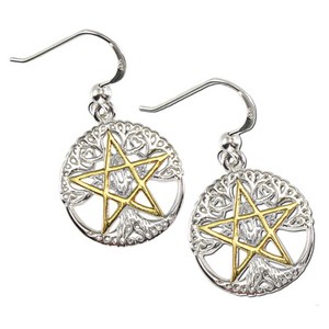 Authentic Sterling Silver Tree Pentacle Pentagram Wiccan Earrings Gold Plated Dryad Design