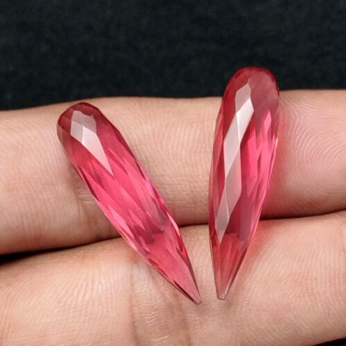 Rubellite Quartz Smooth Drops Matched Pair Checker Cut Loose Gemstone 8 x 30 MM - Picture 1 of 7