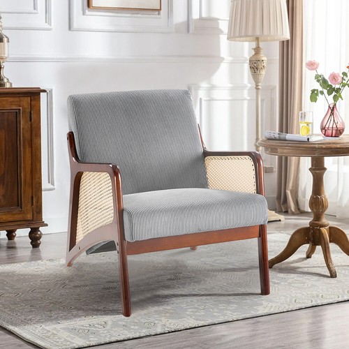 Single Sofa Seat Fabric Upholstered Living Room Chair Accent Armchair Rattan Arm - Picture 2 of 13