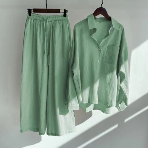 Abito donna taglie forti cotone lino bottoni + pantaloni donna casual loungewear - Foto 11 di 25