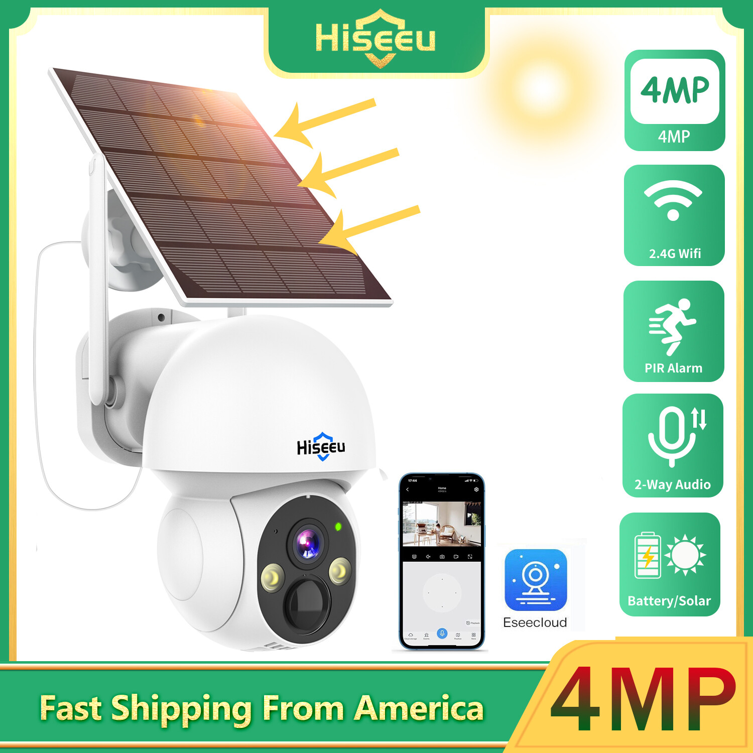 Hiseeu 4MP Solar-Powered Outdoor PTZ Security Camera with Full Color Night Vision