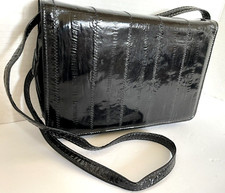 Black Genuine EELSKIN Front Flap Slim Convertible Clutch Shoulder Handbag MINT