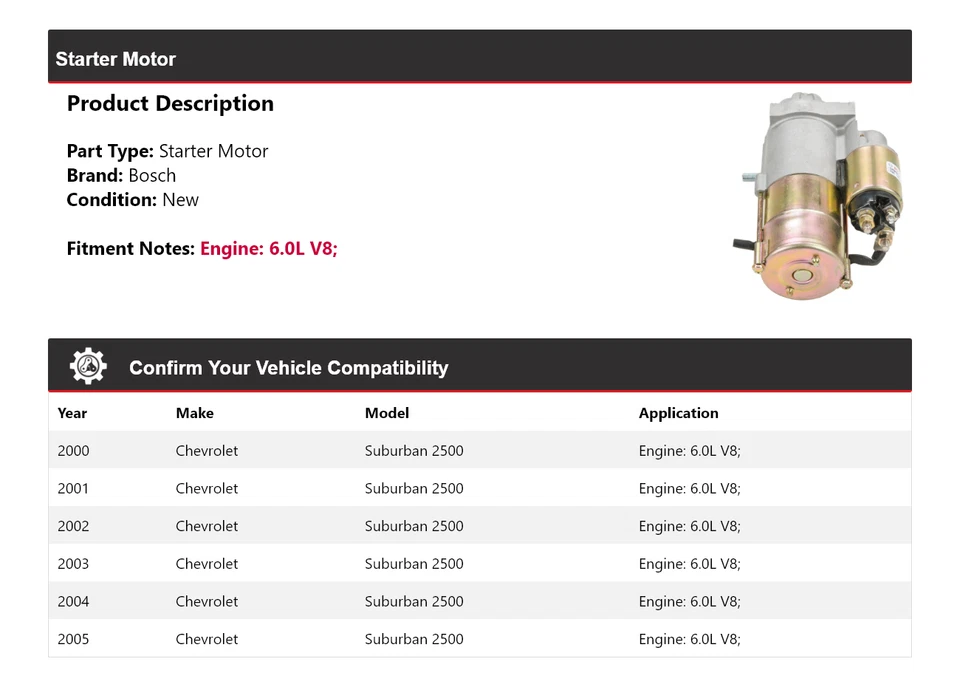 Для 2000-2005 Chevrolet Suburban 2500 6,0 л V8 Bosch стартер (новый) 2001 2002 2003 - Изображение 2 из 4