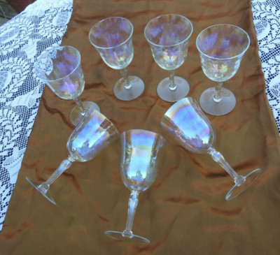 VTG Optic Tulip Shaped Crystal Wine Glasses Optic Pat. Clear Iridescent Set of 7