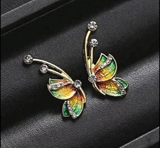 New Stunning Half Butterfly Rhinestone Stud EarringsGreen/Yellow