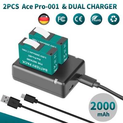 2Pcs 2Ah 3.85V Ersat Akku Ace Pro-001 + Dual Ladegerät For Insta360 Ace/Ace Pro