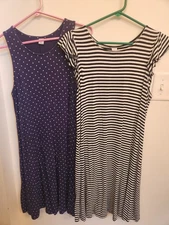 Set Of 2! Women's M Old Navy Swing Tank Dress Blue Polka Dot/Black White Stripe