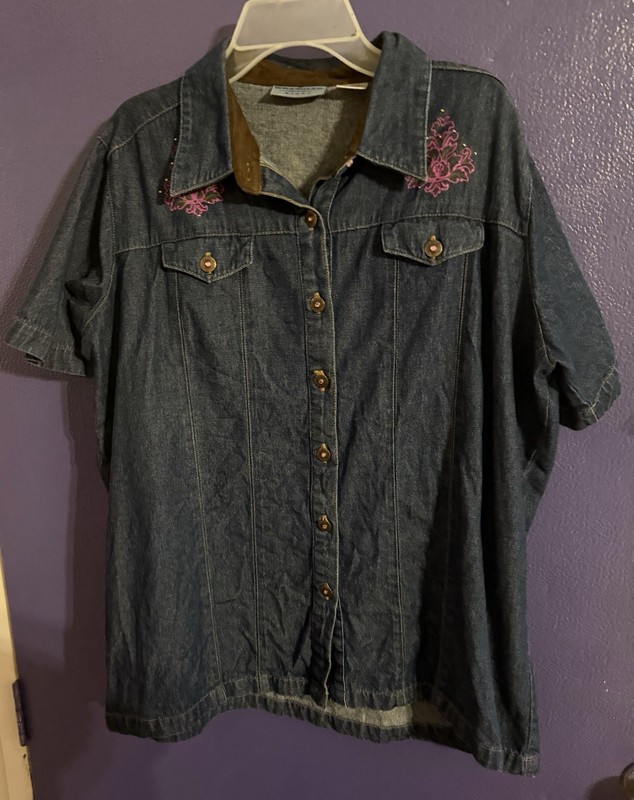 Vintage Wrangler Blues Denim Shirt With Embroidery Womans Xl