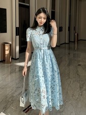 Self-Portrait Light blue Hollowed-out Flowers Embroidery BeltLong Dresses