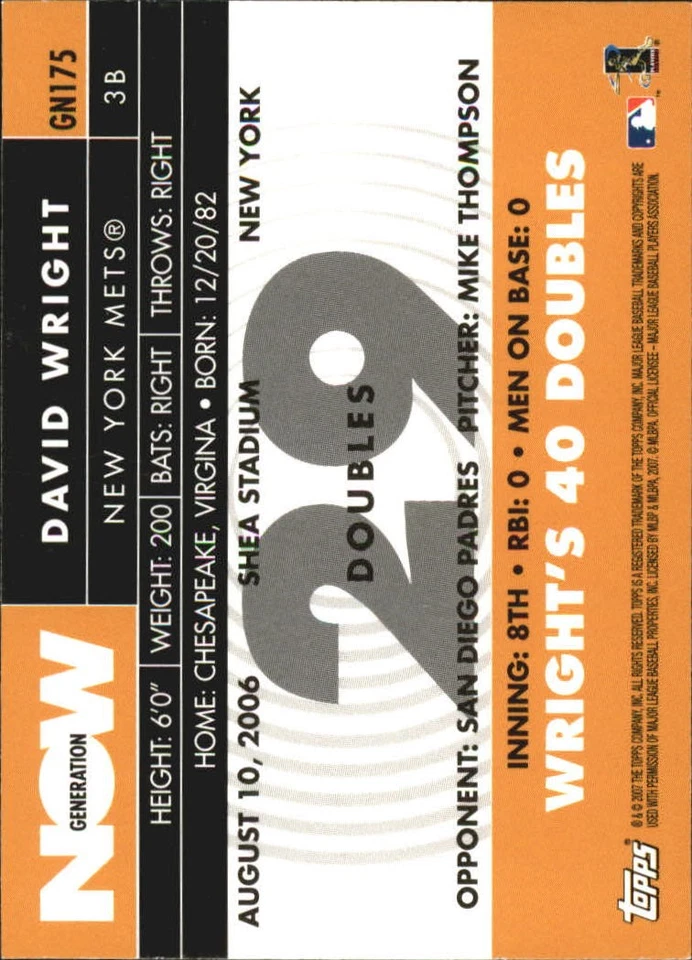 2007 Topps Generation Now #GN175 David Wright - BB - Image 2 of 2