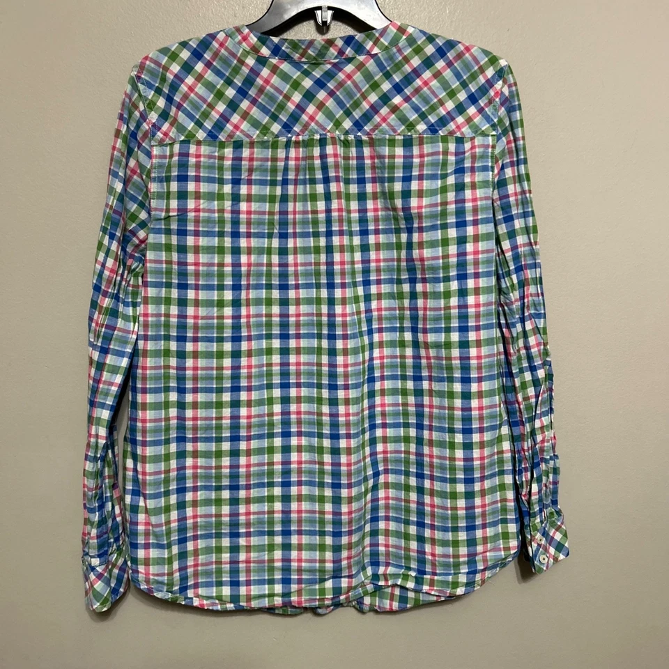 Blusa feminina Talbots L camisa xadrez verde azul rosa branca com babado - Imagem 3 de 4