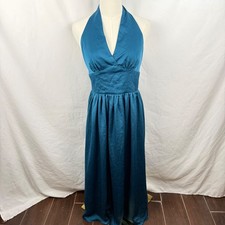 Labera Satin Teal Blue Halter Maxi Dress Plunging Bodice Formal Classic Timeless