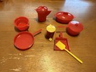 Vintage 1950s TC Superior Dollhouse Kitchen Pots Pans Garbage Can Lot Red Yellow — photo 1