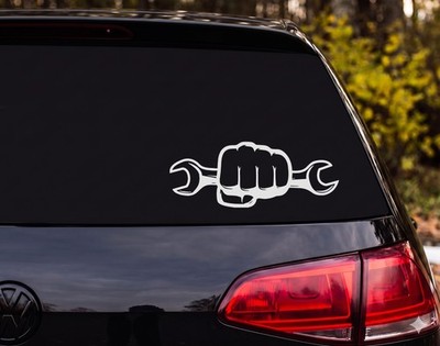Clenched Fist Gripping Double-End Wrench Woodcut Style Vinyl Decal Sticker