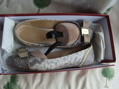 SALVATORE FERRAGAMO ROCCIA CALF LIZ PRT flat 6 + Box