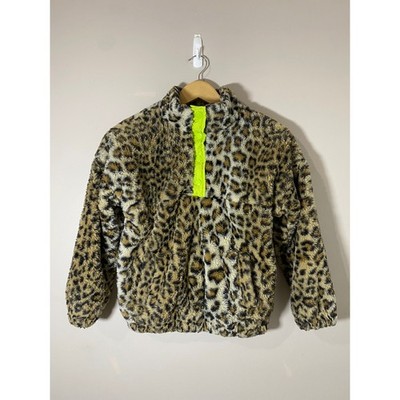 Treasure & Bond Girls Leopard Faux Fur Snap Pullover Neon Yellow Brown M 8/10