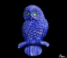 1.9" Lapis Lazuli Carved Owl Brooch, Gemstone, Tsavorite Eyes, Crystal Healing