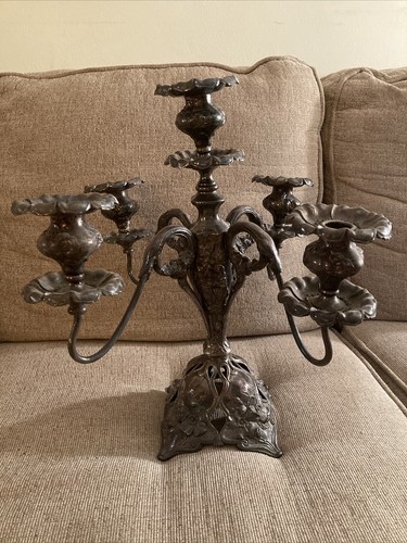 Substantial Antique Adelphi Silverplate 5 Candle Candelabra Gothic Poppy