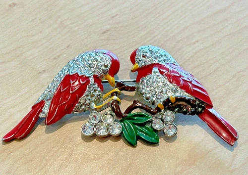 Rare Marcel Boucher Red Enamel Love Birds Brooch