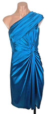 Adrianna Papell Satin One Shoulder Evening Dress sz 2 Formal Shiny Bright Blue
