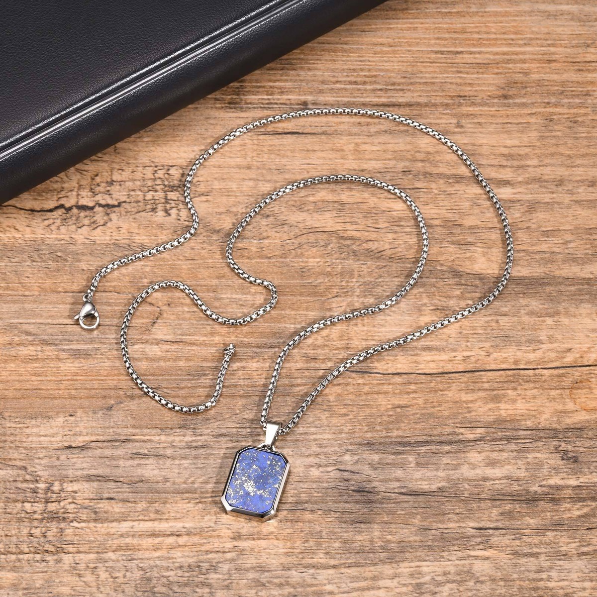 Stainless Steel Square Lapis Lazuli Pendant Tiger Eye Stone