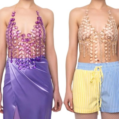 Transparent Acrylic Tassels Body Chain Crop Top for Women Party Beachwear