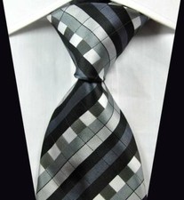 Hot! Classic Checks Black Gray White JACQUARD WOVEN 100% Silk Men's Tie Necktie