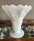 Vintage Milk Glass 6" Footed Flared Vase "Harvest Grape" Pattern Anchor Hocking