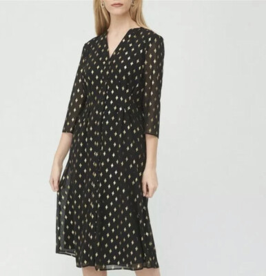 V by Very Gold Langarm-Midikleid Rautenmuster Kerbausschnitt schwarz UK Größe 8