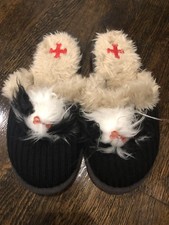 New Black And White Shih Tzu Puppy Dog Slippers Rubber Bottom Size L 8-9