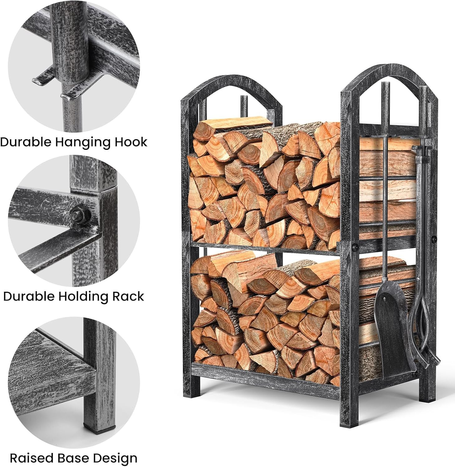 Firewood Rack with Tools 5-Piece Indoor Fireplace Wood Holders Outdoor Log Holde