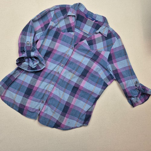Great Northwest Indigo Women's V-Neck ¾ Sleeve Barrel Cuff Plaid Shirt Sz XXL