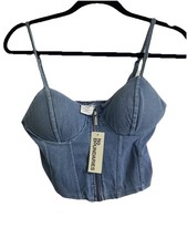 No Boundaries Denim Corset Top Small NWT Zip Front Bustier Cropped Cami Smocked