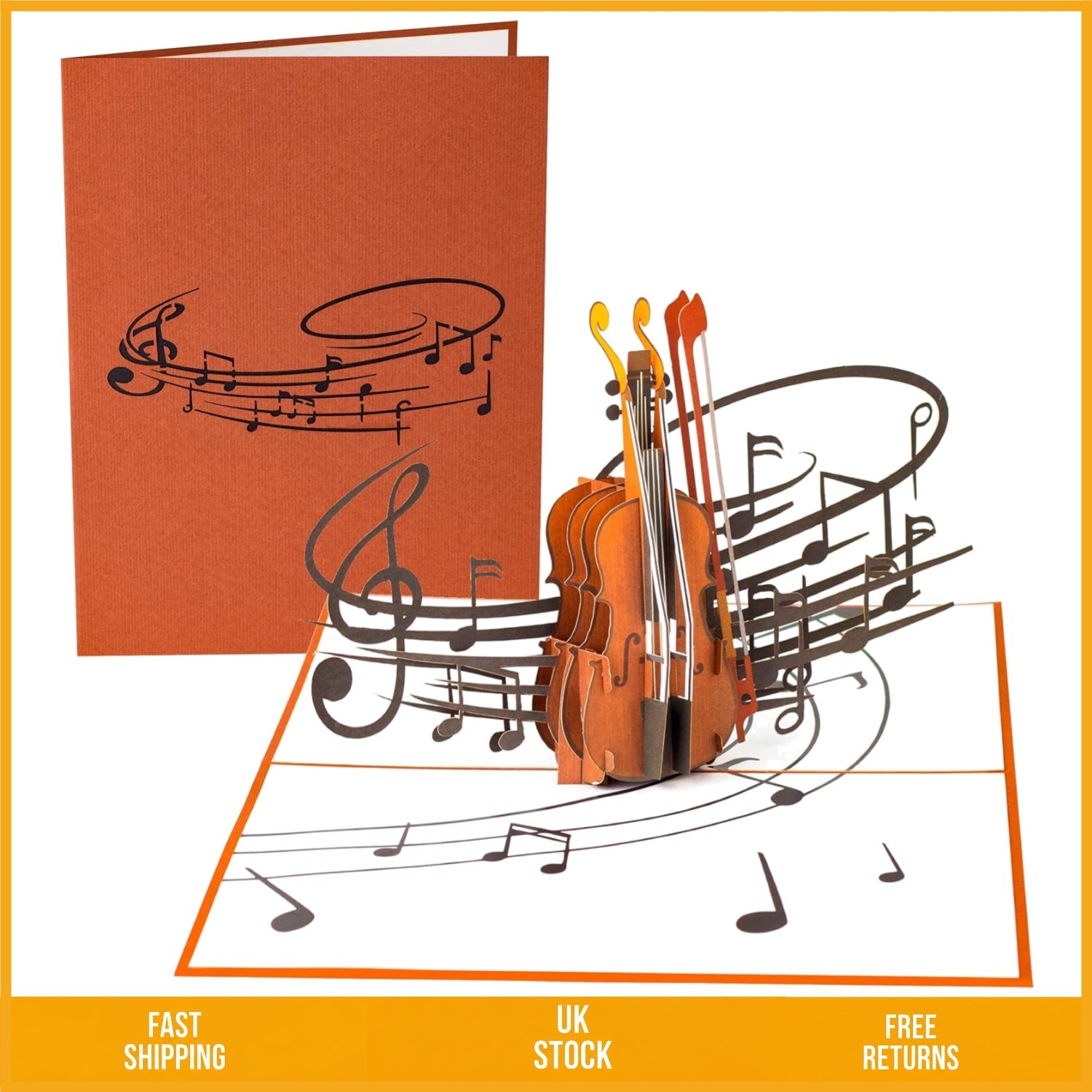 Intricate Violin Musical Instrument 3D Pop Up Greeting Card 6 x 7.5 Inches
