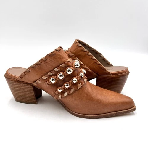 Donald Pliner Rierie Western-Style Beaded Brown Leather Heeled Mules Size 8